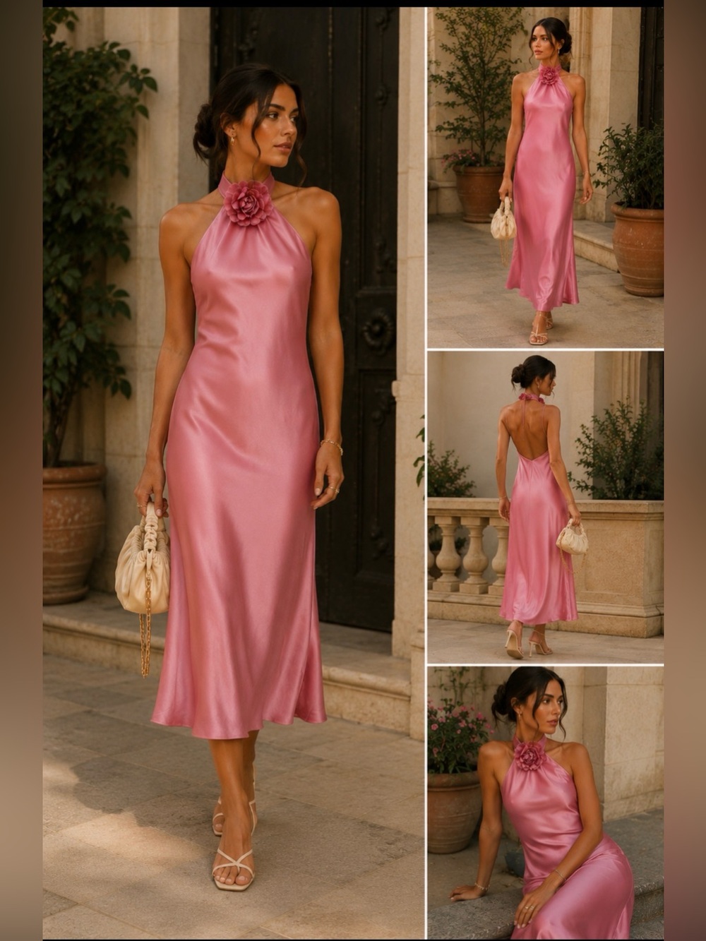 Moon Pink River River Rosette Halter Gown Satin Slip Wedding Flower Maxi Gown M